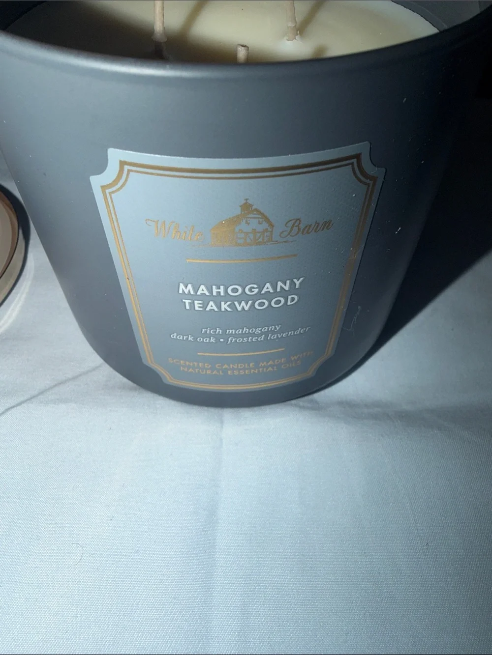 White Barn Blue-Gray Mahogany Teakwood Candle with Gold Trim - Picture 4 of 4